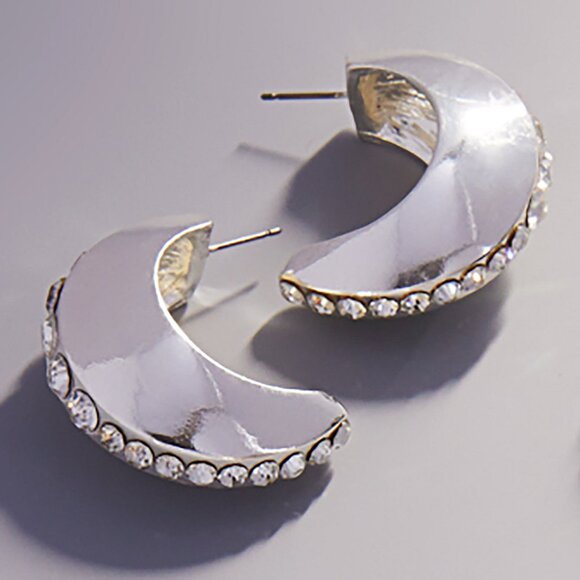 NEW Center Rhinestone Accented Chunky Crescent Half Hoop Glamcore Bling Earrings - Picture 5 of 6